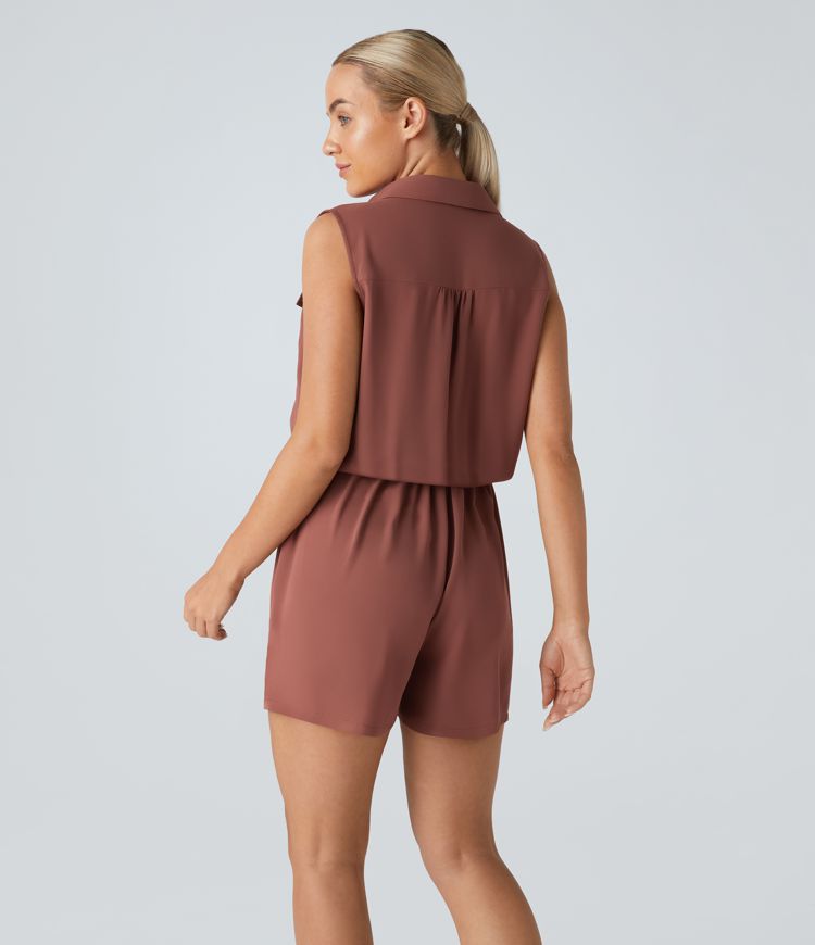 Collared Sleeveless Multiple Pockets Drawstring Casual Jumpsuit