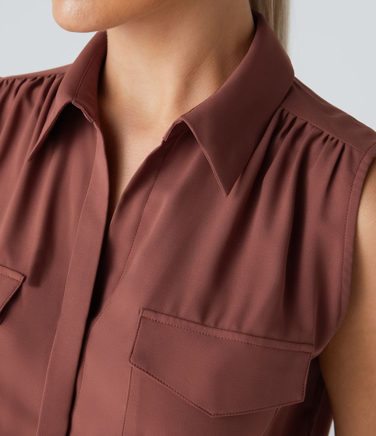 Collared Sleeveless Multiple Pockets Drawstring Casual Jumpsuit