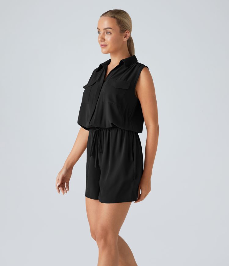 Collared Sleeveless Multiple Pockets Drawstring Casual Jumpsuit