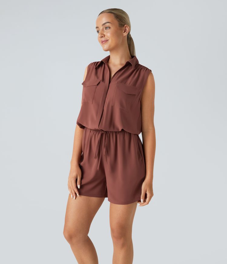 Collared Sleeveless Multiple Pockets Drawstring Casual Jumpsuit