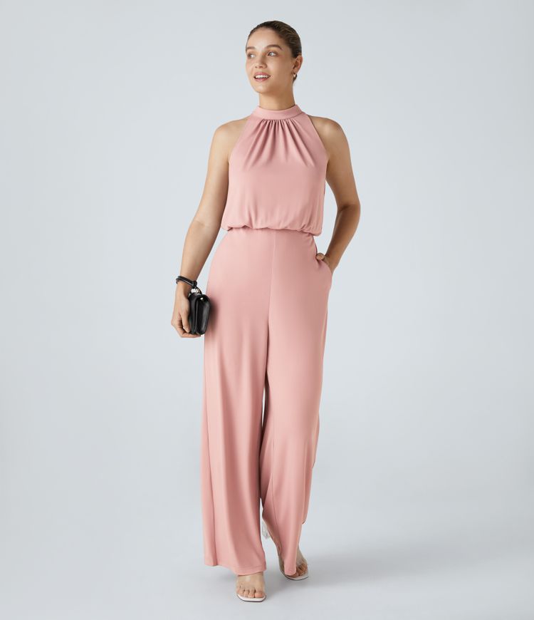 Keyhole Button Back Halter Sleeveless Side Pocket Wide Leg Work Jumpsuit