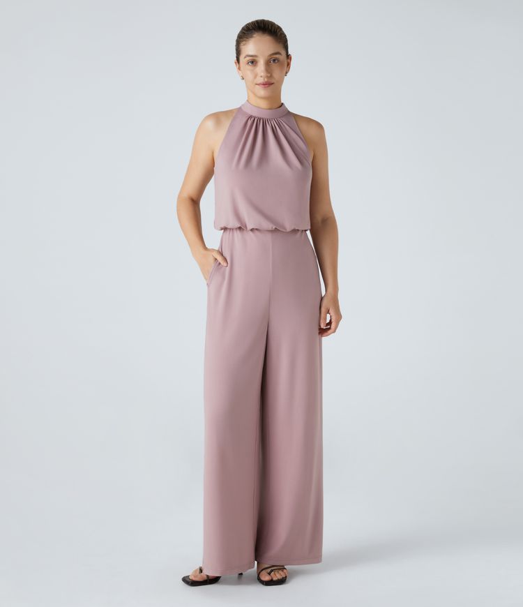 Keyhole Button Back Halter Sleeveless Side Pocket Wide Leg Work Jumpsuit