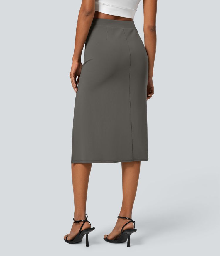 High Waist Decorative Button Split Midi Work Skirt