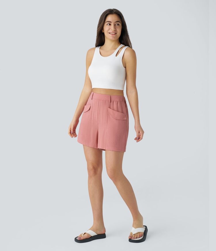 Short Casual Taille Mi-Haute avec Poche Latérale Avant et Effet Lin