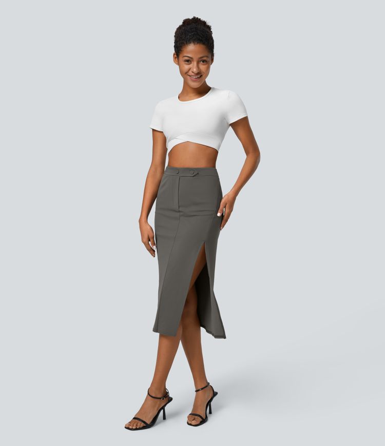 High Waist Decorative Button Split Midi Work Skirt