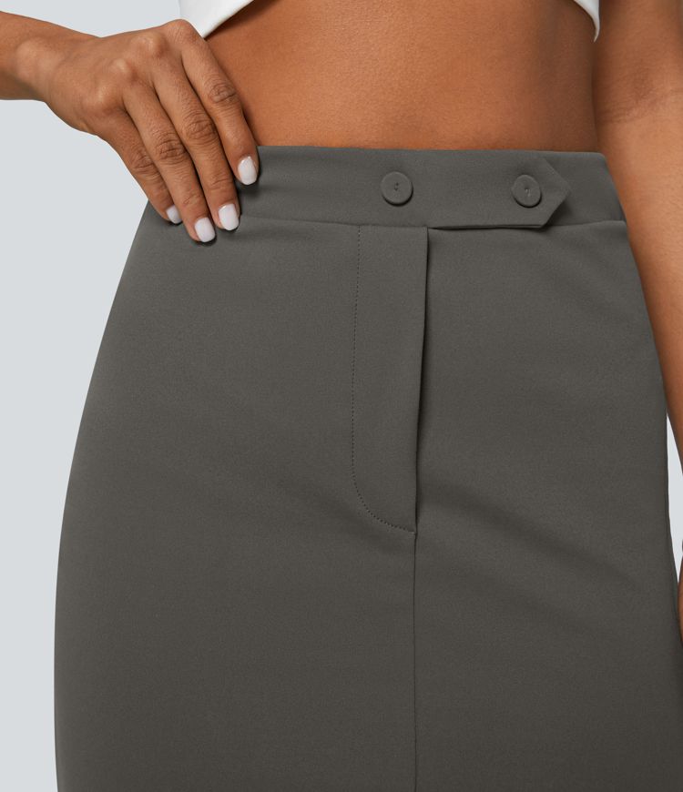 High Waist Decorative Button Split Midi Work Skirt
