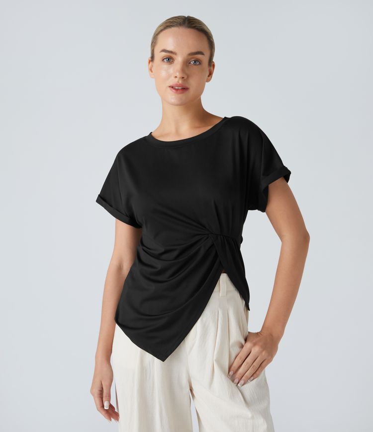 Top Casual à Col Rond Torsadé et Plissé Ourlet Asymétrique