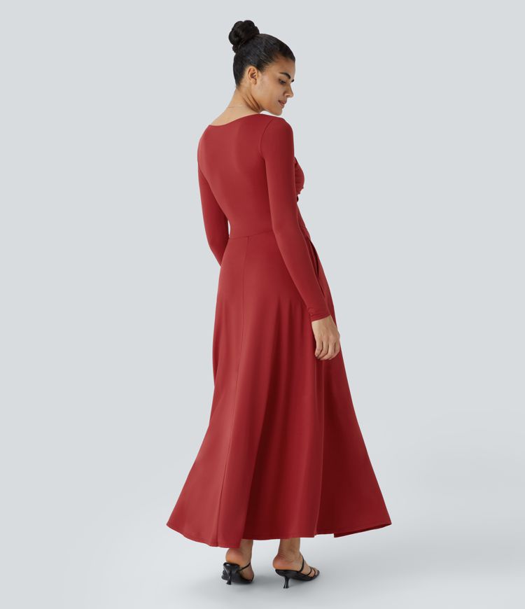 Sweetheart Neck Long Sleeve Pocket Flare Flowy Maxi Dress