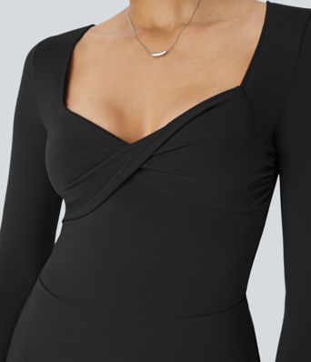 Sweetheart Neck Long Sleeve Pocket Flare Flowy Maxi Dress