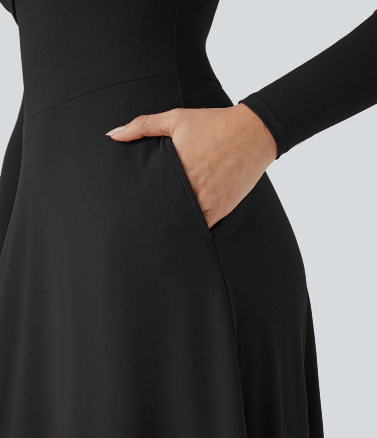 Sweetheart Neck Long Sleeve Pocket Flare Flowy Maxi Dress