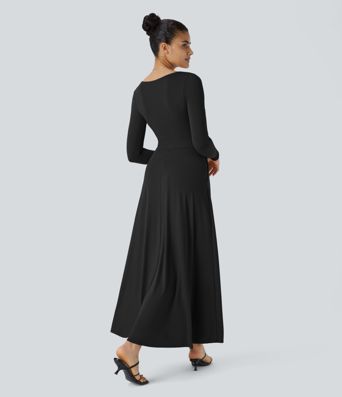 Sweetheart Neck Long Sleeve Pocket Flare Flowy Maxi Dress