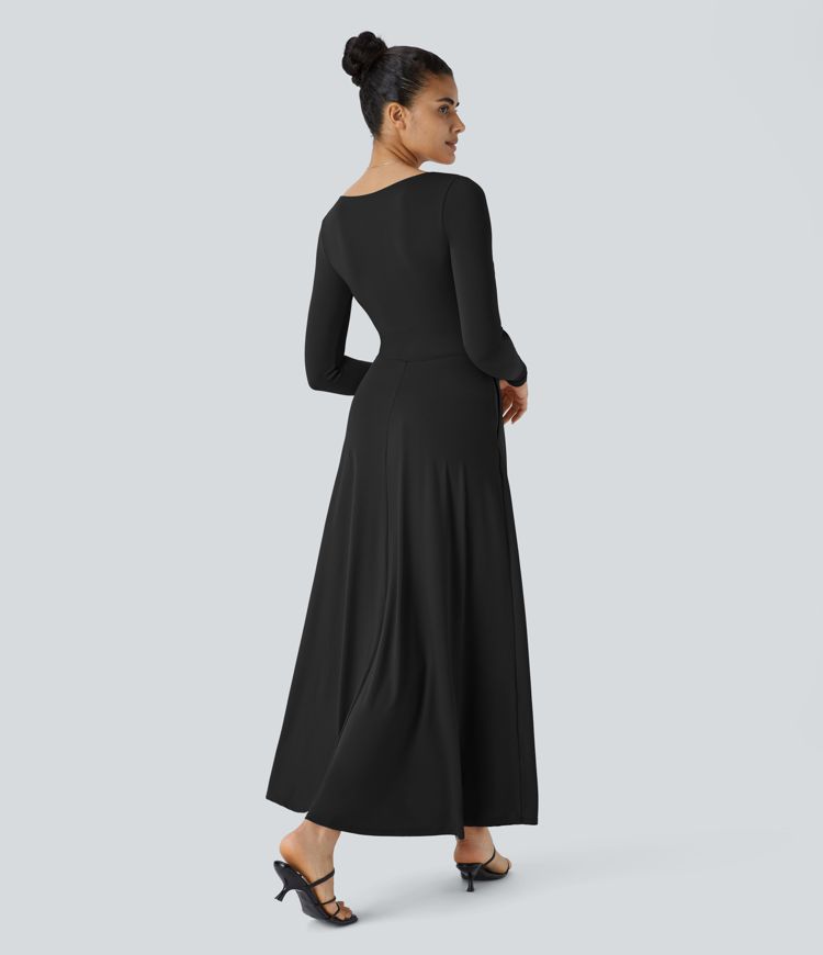 Sweetheart Neck Long Sleeve Pocket Flare Flowy Maxi Dress
