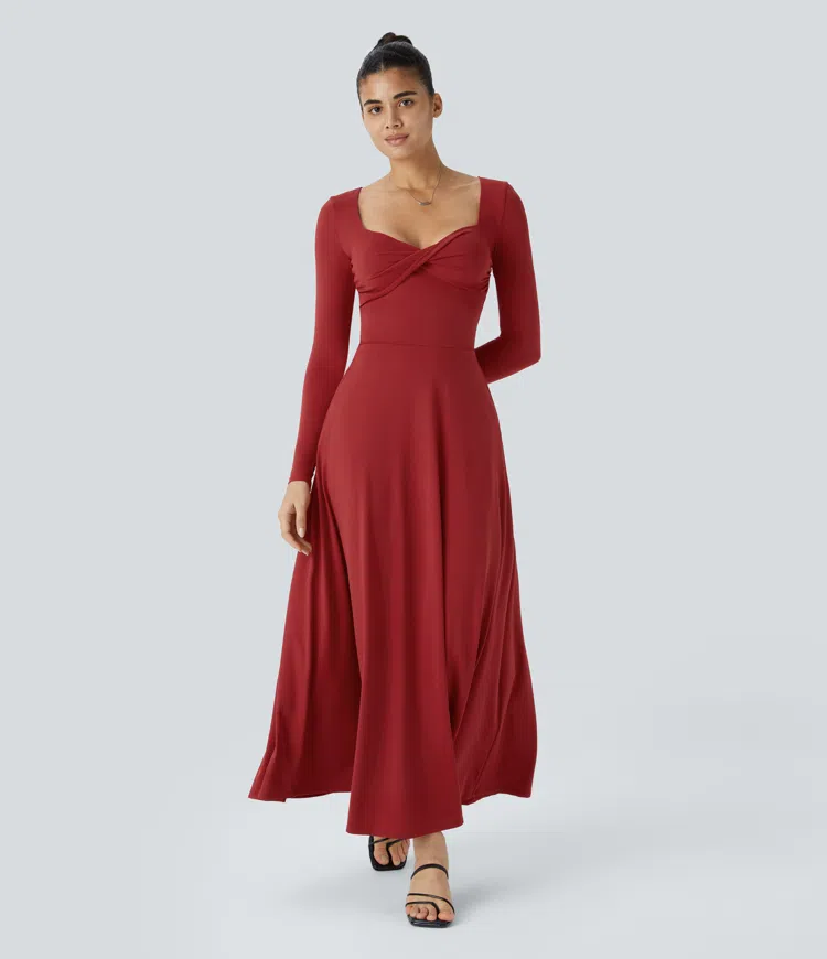Sweetheart neckline long sleeve shirred side pocket flare flowy maxi vacation look dress
