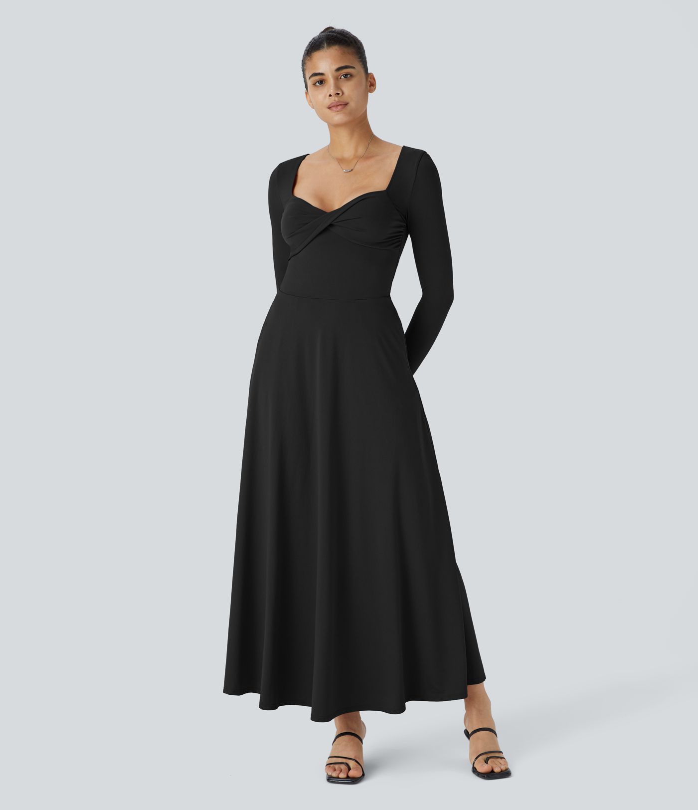 Sweetheart Neck Long Sleeve Pocket Flare Flowy Maxi Dress