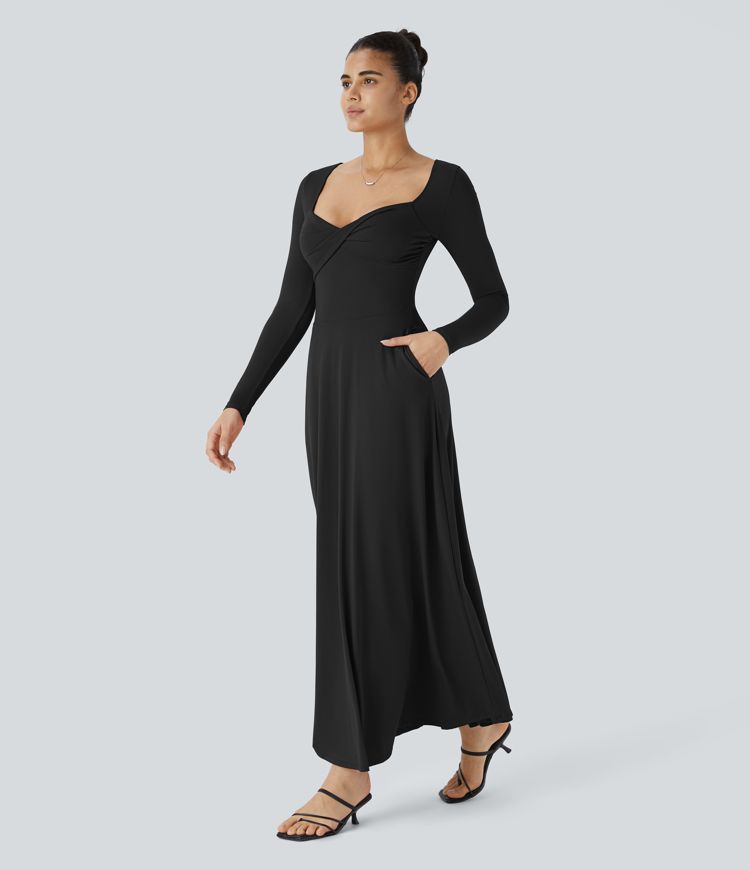Sweetheart Neck Long Sleeve Pocket Flare Flowy Maxi Dress