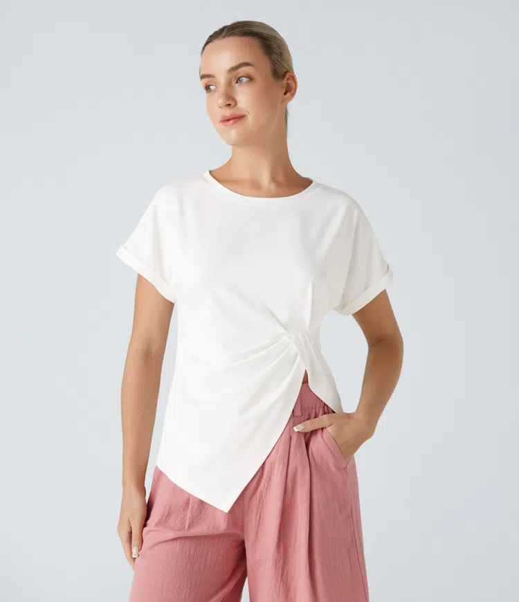 Round Neck Twist Wrinkle Asymmetric Hem Casual Top