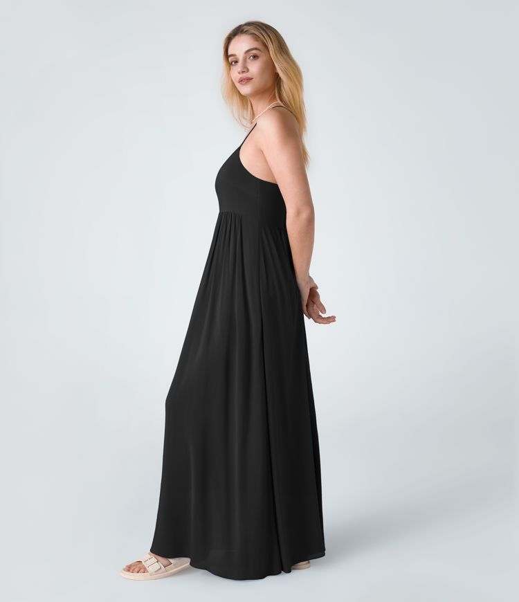 Backless Crisscross Lace Up Side Pocket Flowy Maxi Slip Resort Dress