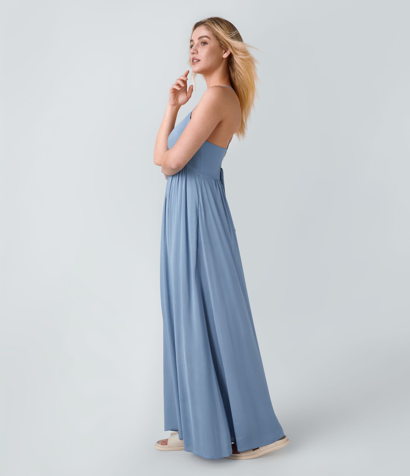 Backless Crisscross Lace Up Side Pocket Flowy Maxi Slip Resort Dress