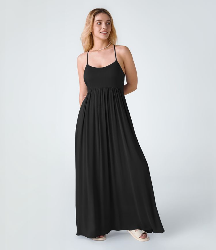 Backless Crisscross Lace Up Side Pocket Flowy Maxi Slip Resort Dress