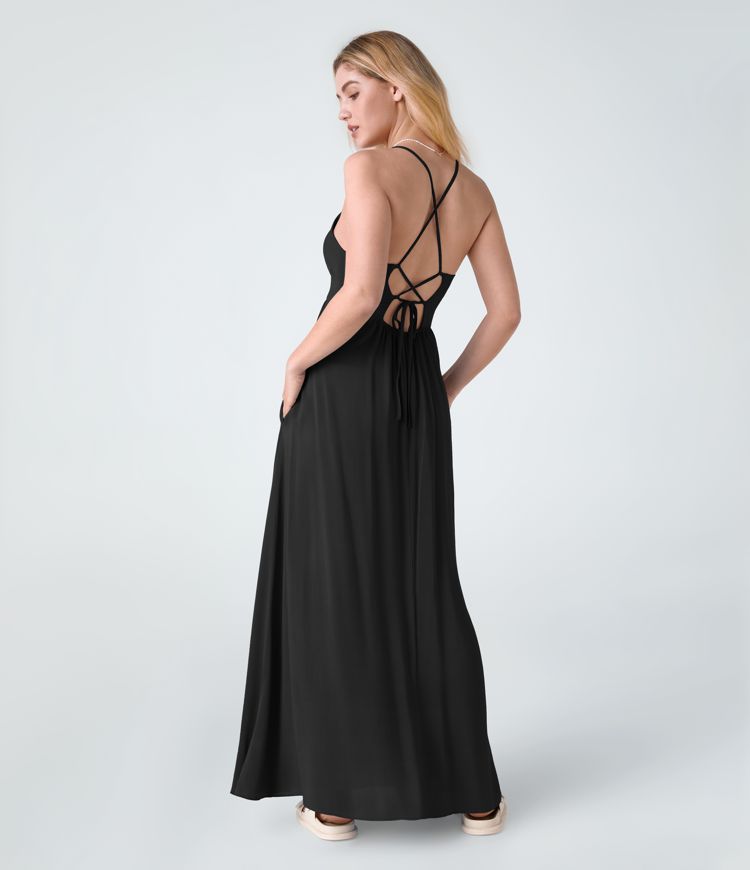 Lace Up Pocket Flowy Maxi Slip Dress