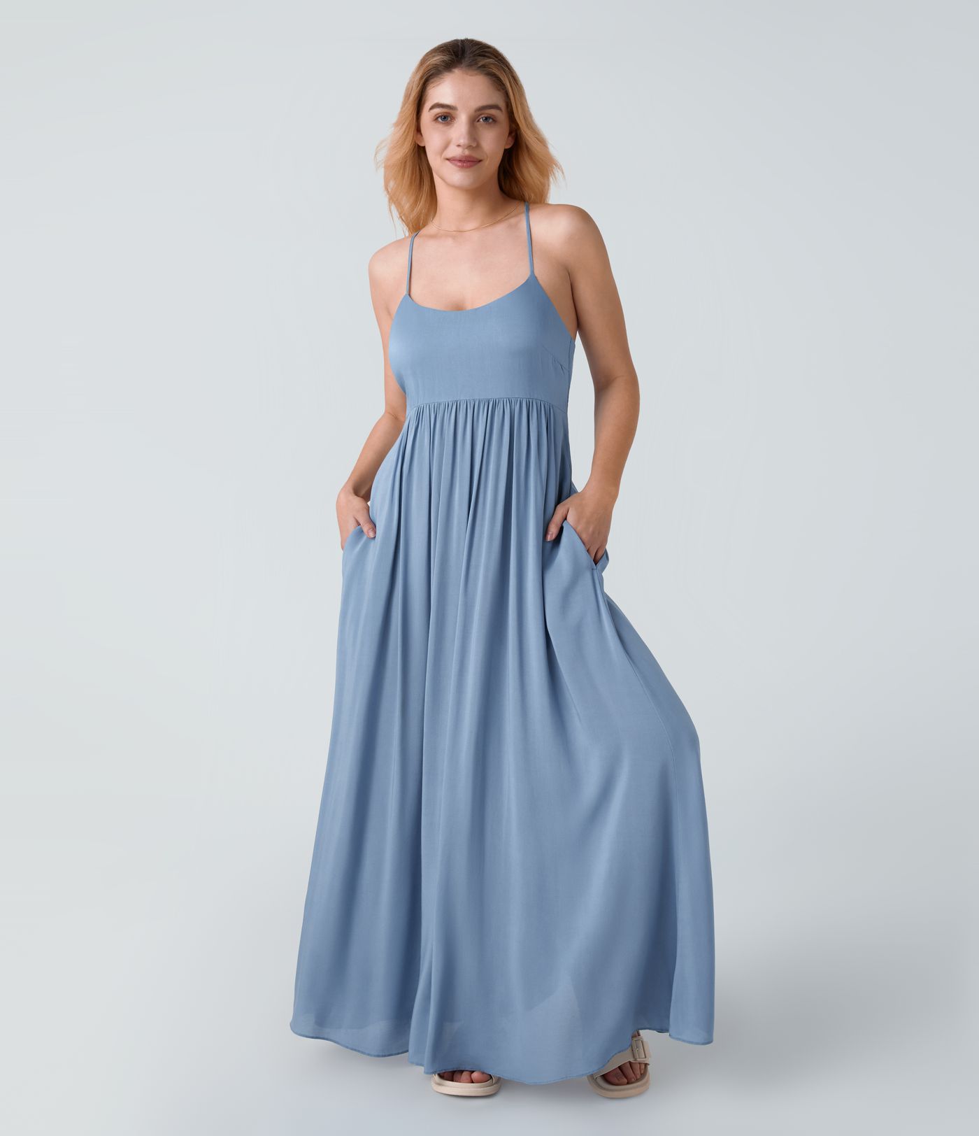 Backless Crisscross Lace Up Side Pocket Flowy Maxi Slip Resort Dress