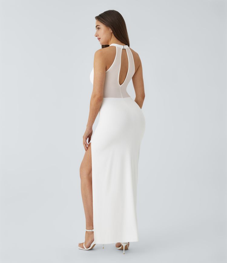 Softlyzero™ Airy Halter Keyhole Back Cut Out Backless Contrast Mesh Split Maxi Cool Touch Bridesmaid and Wedding Guest Dress-UPF50+