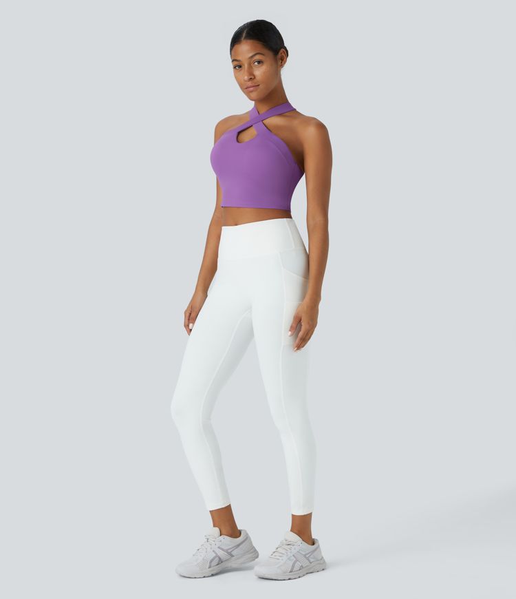 ACYM Halter design オールインワン Women's SoftlyZero™ Square Neck Halter Contrast Mesh Cropped