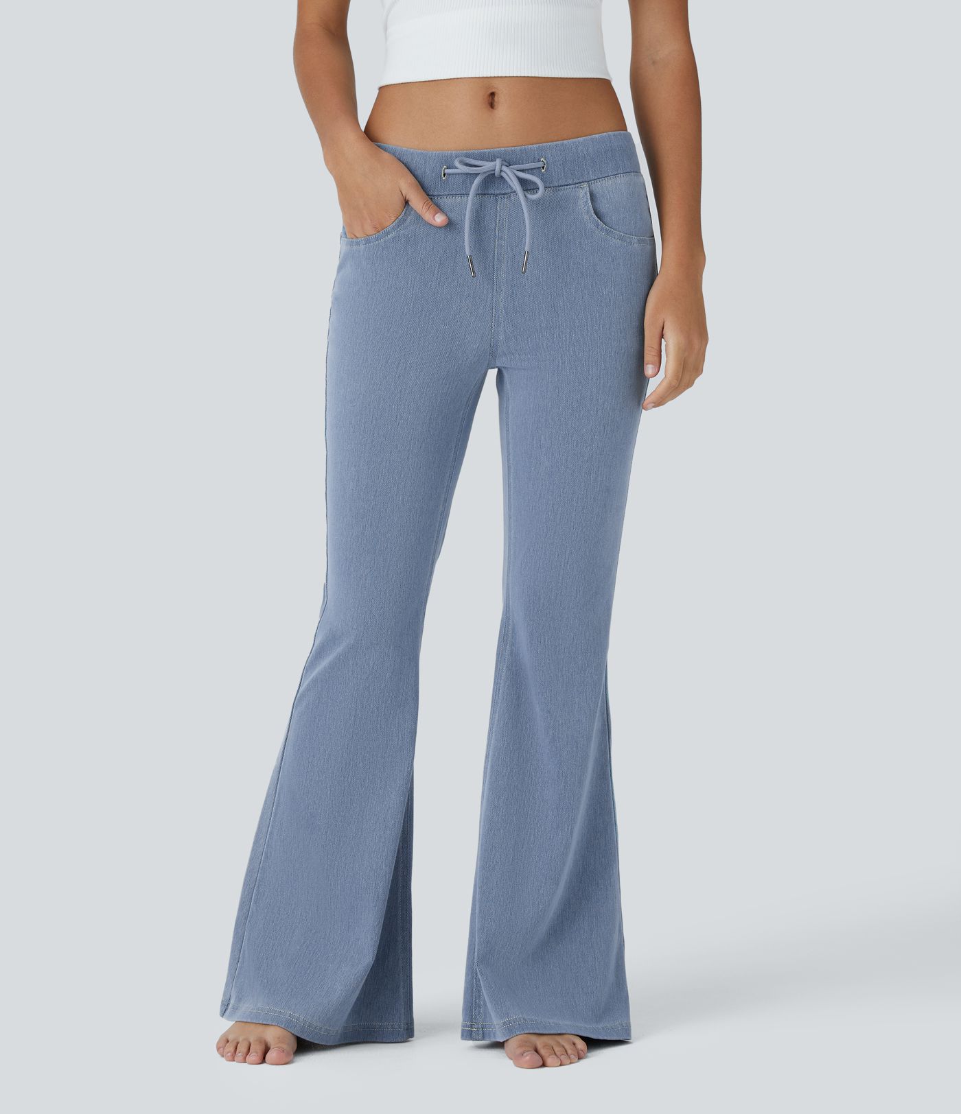 Halara Flex™ Low Rise Drawstring Multiple Pockets Stretchy Knit Casual Flaredd SweatTrousers Jeans