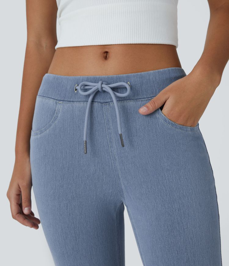 Jean évasé Halara Flex™ taille basse avec cordon de serrage, multiples poches en maille extensible pour un style décontracté