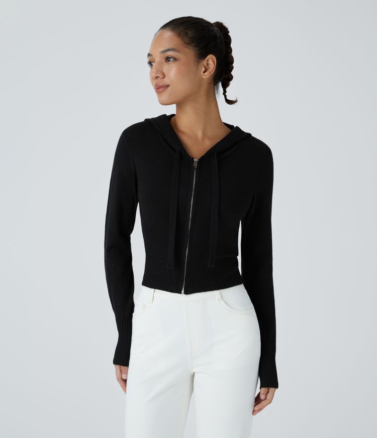 Hooded Drawstring Zipper Long Sleeve Casual Cardigan