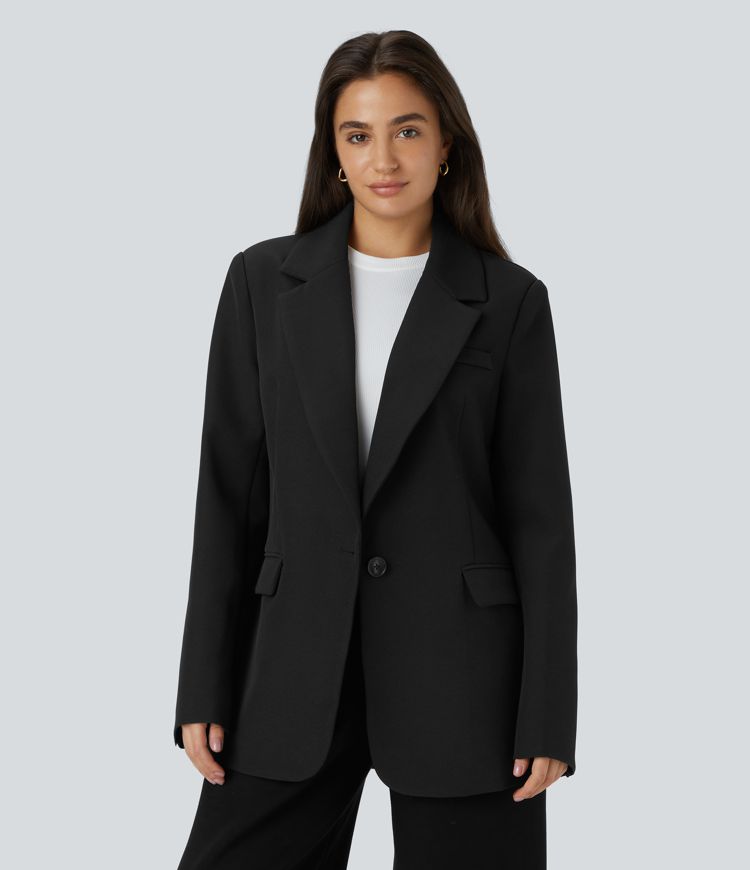 Notch Collar Button Long Sleeve Side Pocket Split Work Blazer