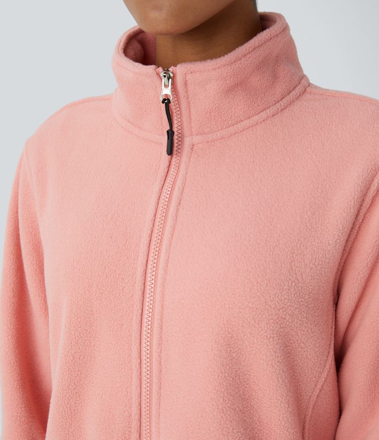 Funnel Neck Long Sleeve Zipper Pocket Casual Fleece Jacket