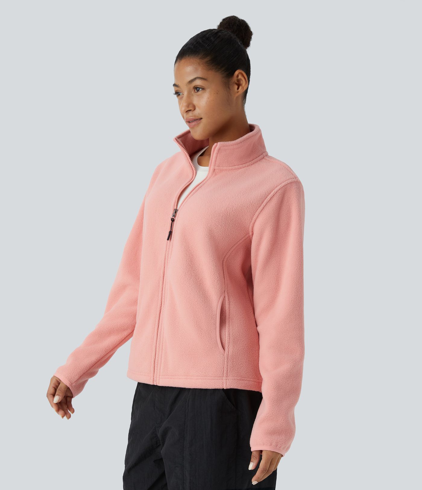 Funnel Neck Long Sleeve Zipper Pocket Casual Fleece Jacket