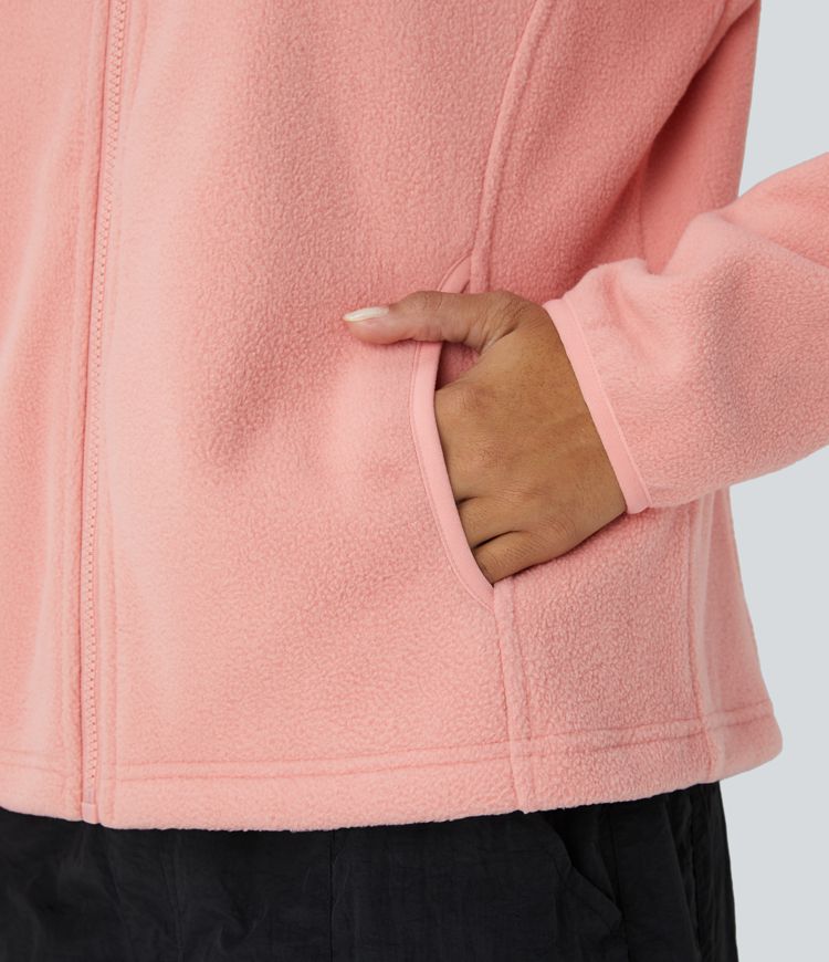Funnel Neck Long Sleeve Zipper Pocket Casual Fleece Jacket