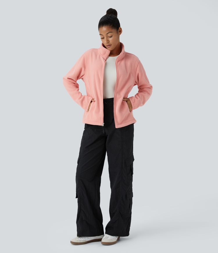 Funnel Neck Long Sleeve Zipper Pocket Casual Fleece Jacket