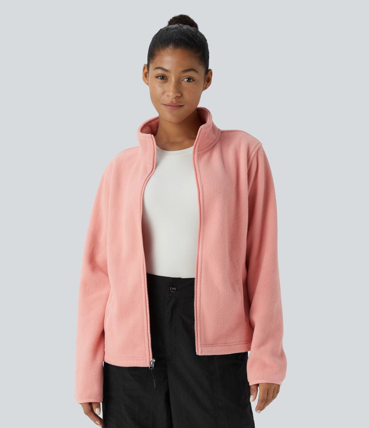 Funnel Neck Long Sleeve Zipper Pocket Casual Fleece Jacket