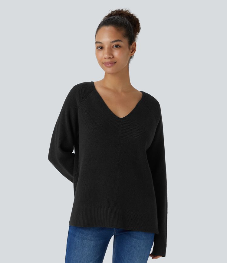 Pull décontracté fendu à col en V et manches longues