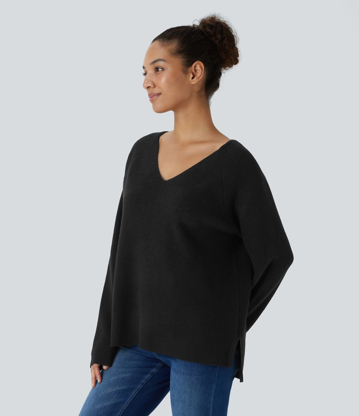 Pull décontracté fendu à col en V et manches longues