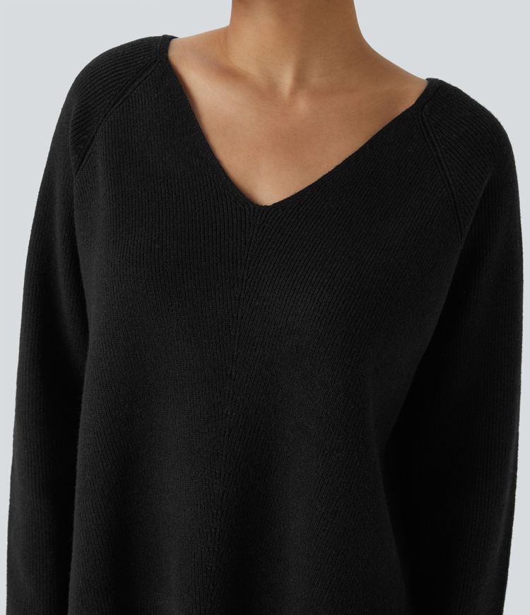 Pull décontracté fendu à col en V et manches longues