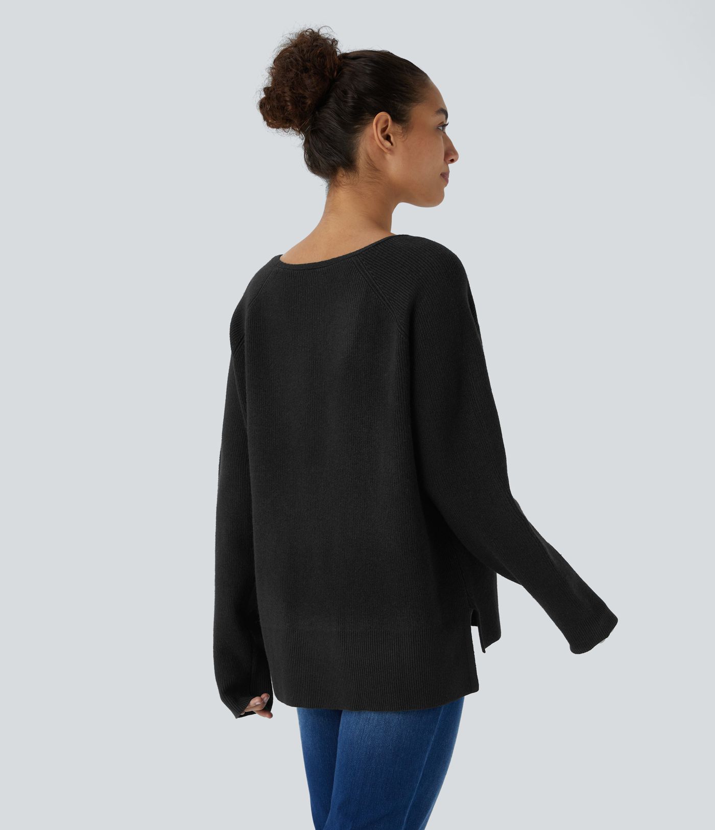 Pull décontracté fendu à col en V et manches longues