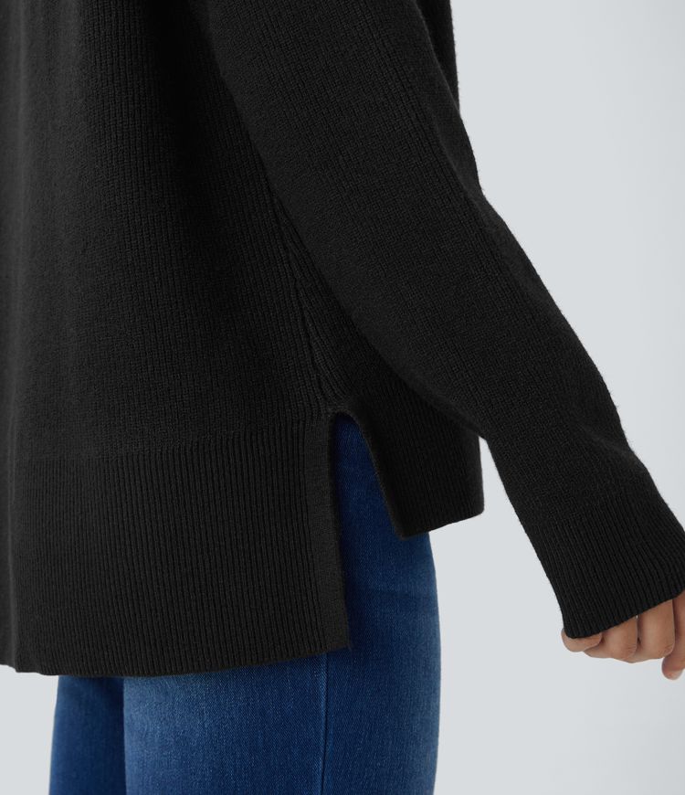 Pull décontracté fendu à col en V et manches longues