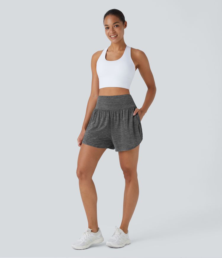 Pantalones cortos deportivos 2 en 1 bolsillo lateral tiro alto