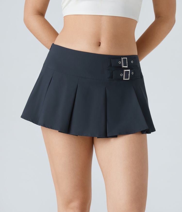 Low Rise Invisible Zipper Decorative Buckle 2-in-1 Side Pocket Pleated Micro Mini Dance Skirt