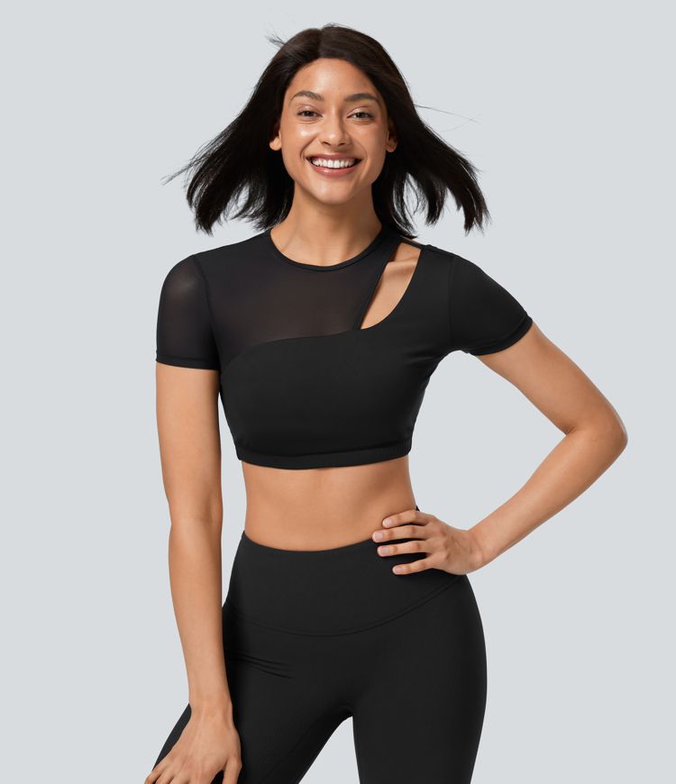 Softlyzero™ QuickDry Contrast Mesh Cut Out Short Sleeve Cropped Workout Sports Top