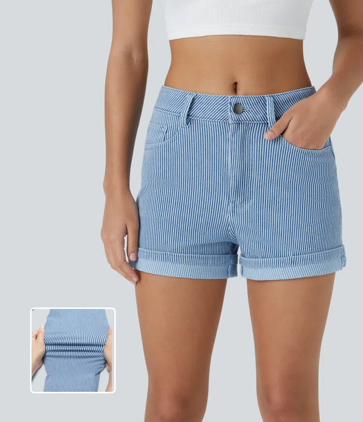 Halara Flex™ Mid Waist Multiple Pocket Rolled Hem Stripe Washed Stretch Knit Denim Casual Shorts