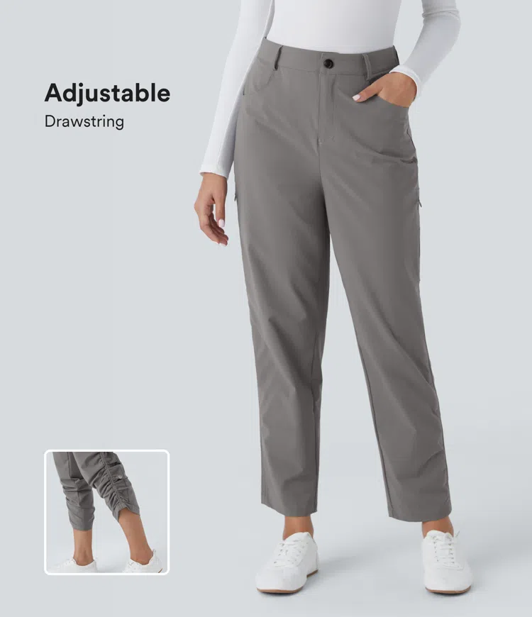 Mid waist multi pocket drawstring adjustable bottom work pants