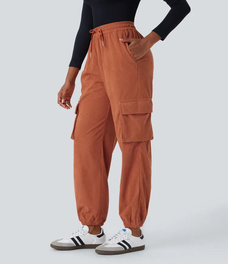 MID-RISE DRAWSTRING SIDE POCKET CORDUROY CASUAL CARGO JOGGER PANTS