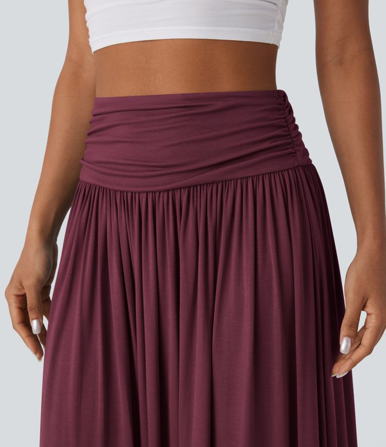High Waisted Ruched Flowy Maxi Casual Skirt