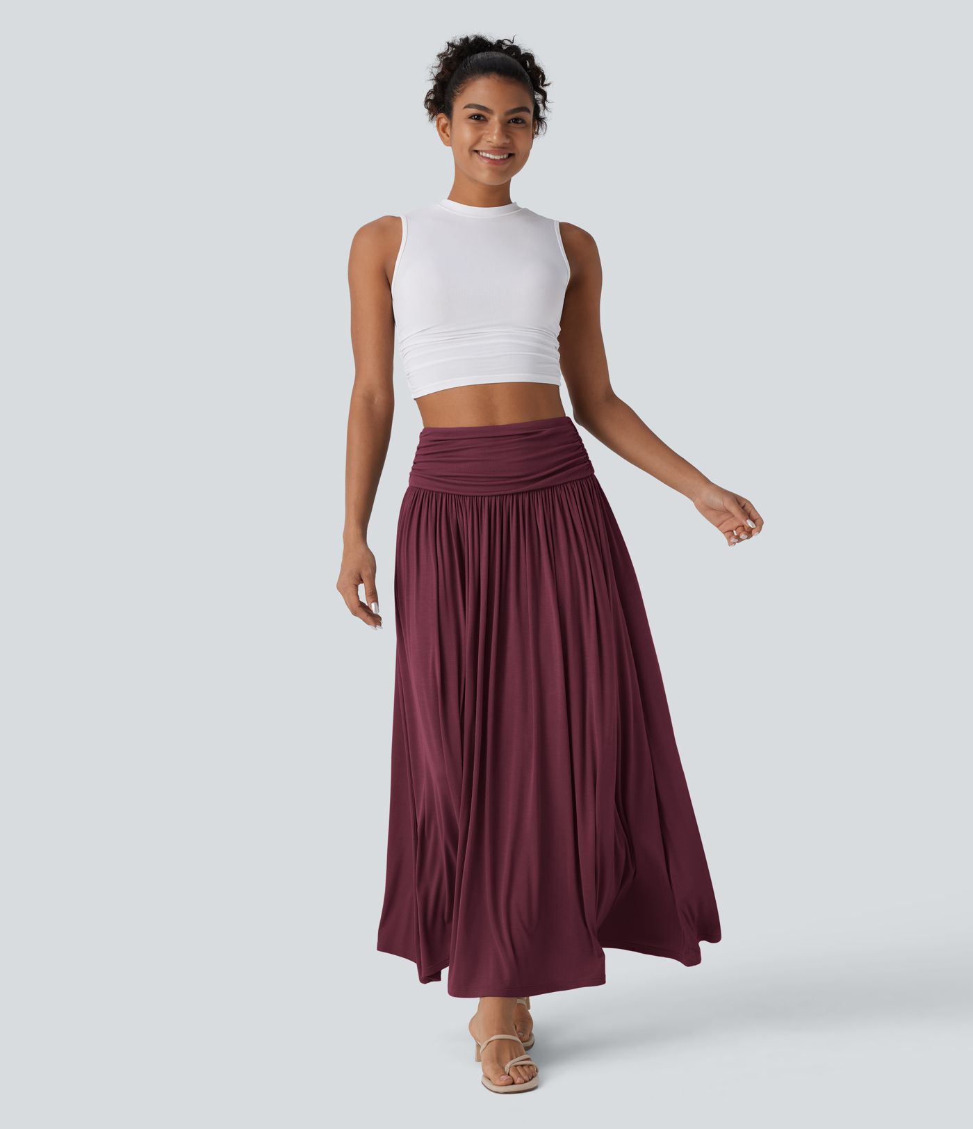 High Waisted Ruched Flowy Maxi Casual Skirt