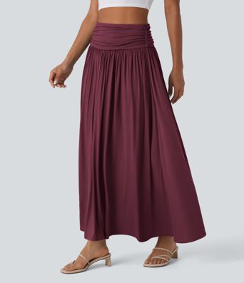 High Waisted Ruched Flowy Maxi Casual Skirt